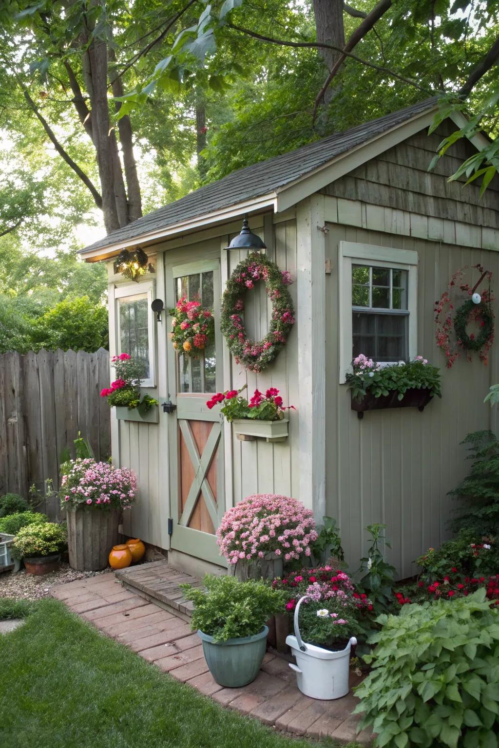 A garden shed adorned with changing seasonal décor.