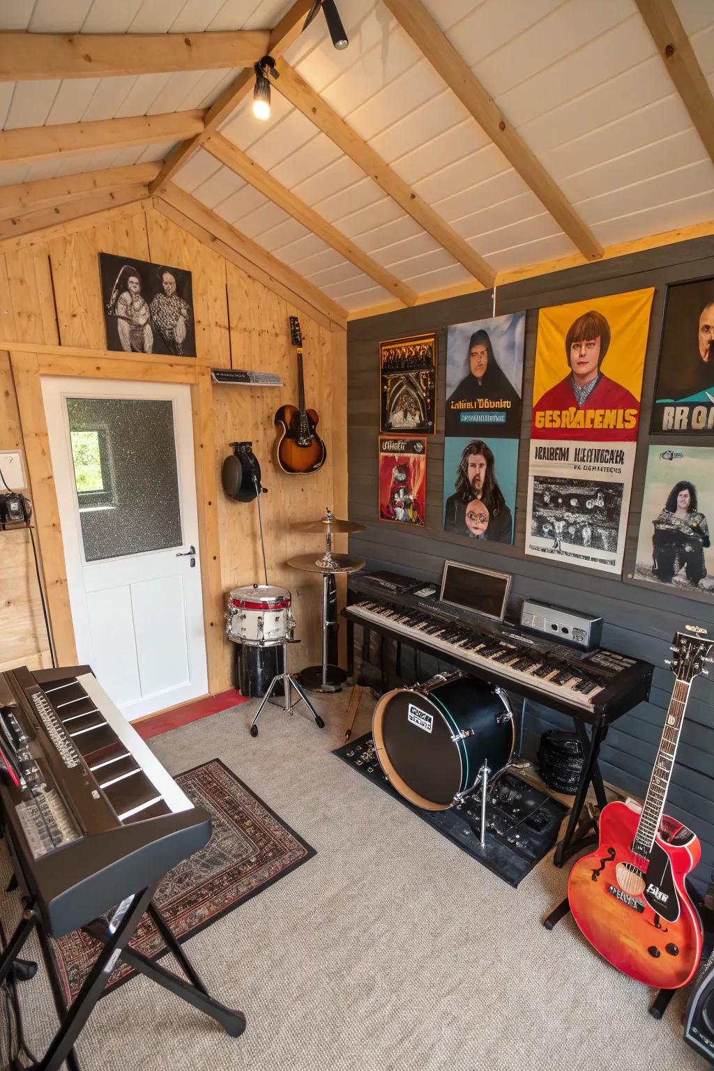 A shed home interior transformed into a sonic creation space for creative expression.