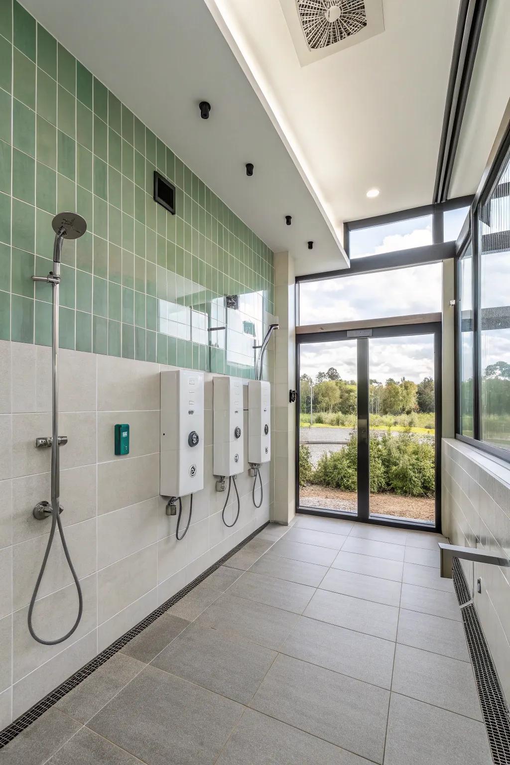 A modern and sustainable shower room with eco-friendly fixtures.