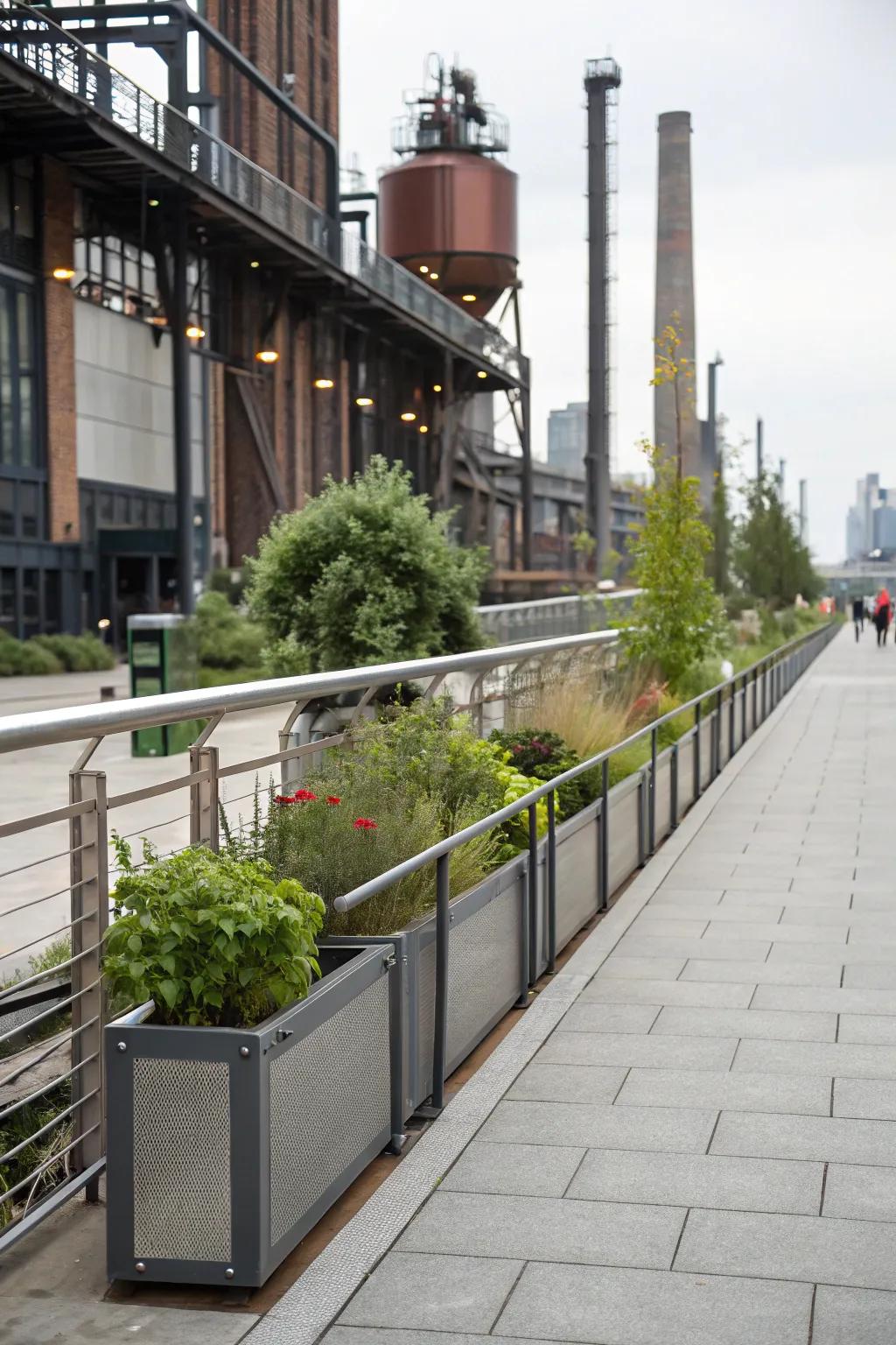 Metallic components infuse a modern twist into sidewalks.