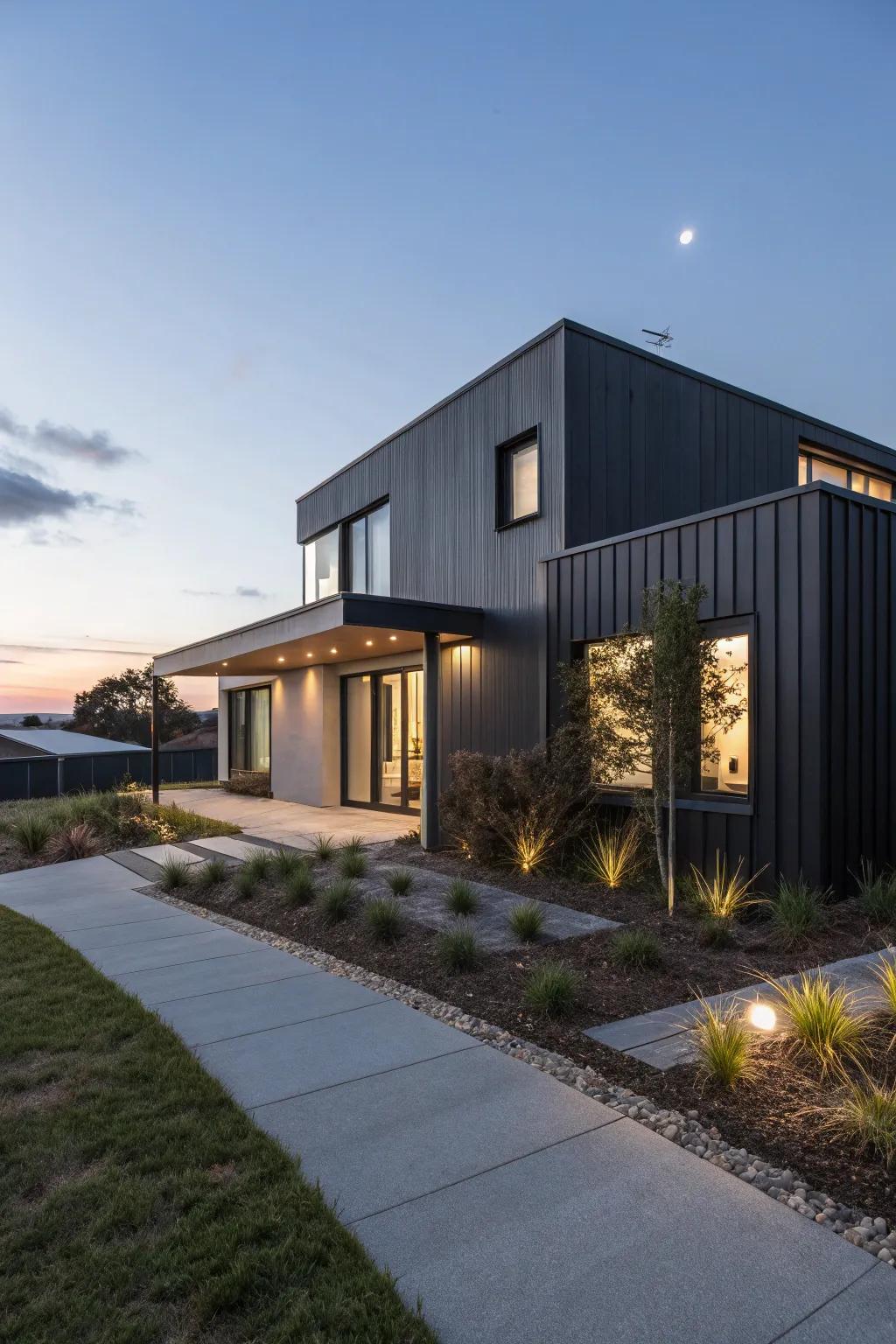 Sleek graphite outer walls for a contemporary and sophisticated dwelling.