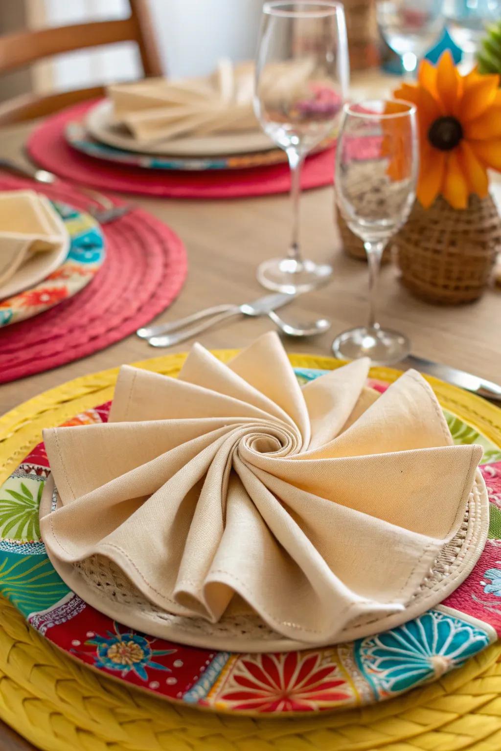 A cloth shaped into a swirling , injecting a joyful and festive touch to your dining experience.