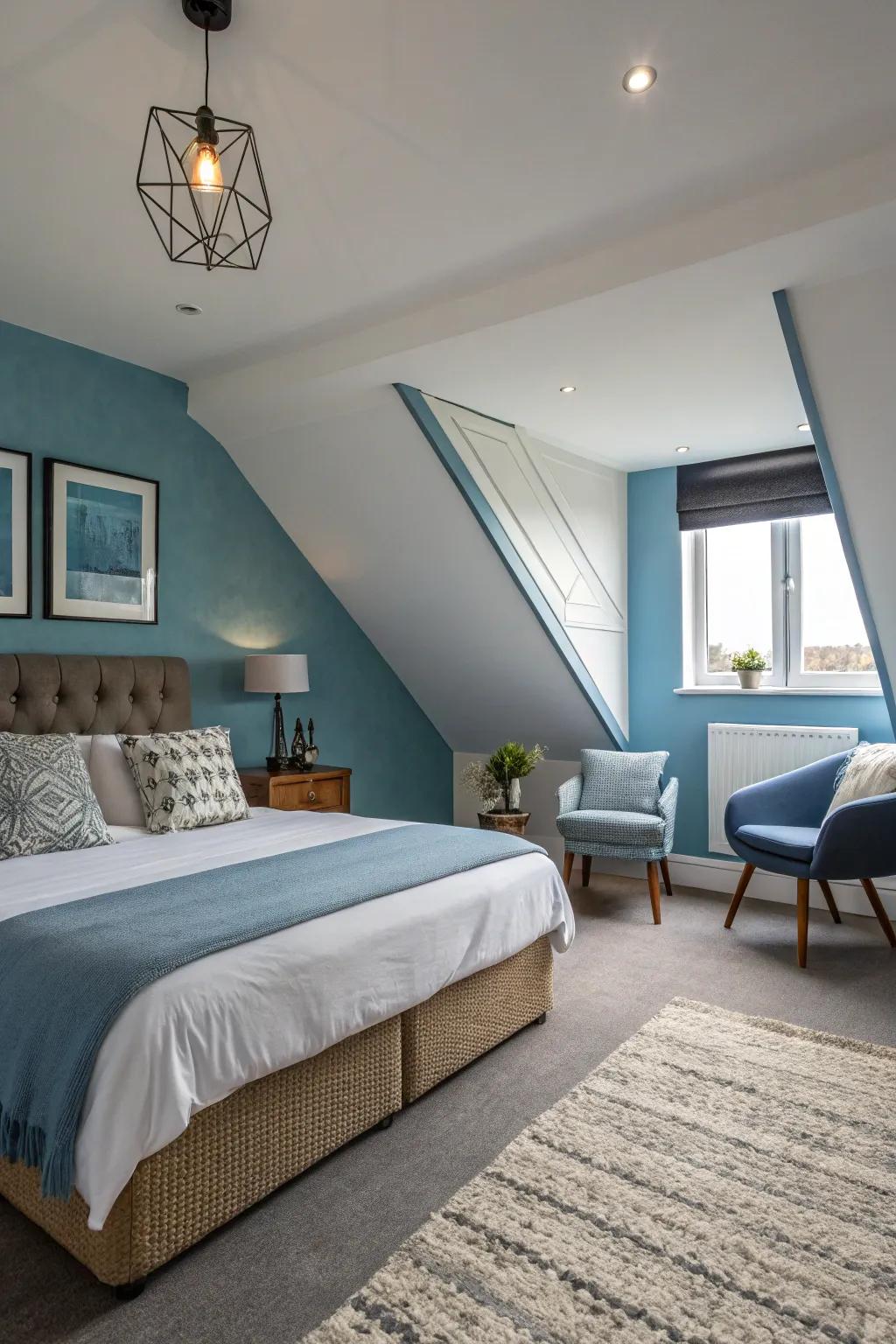 This serene bedroom has a tranquil and restful ambiance thanks to its cool colors.