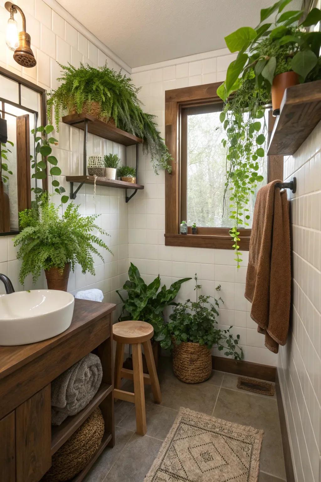 Green plants and brown accents cultivate a revitalizing natural vibe.