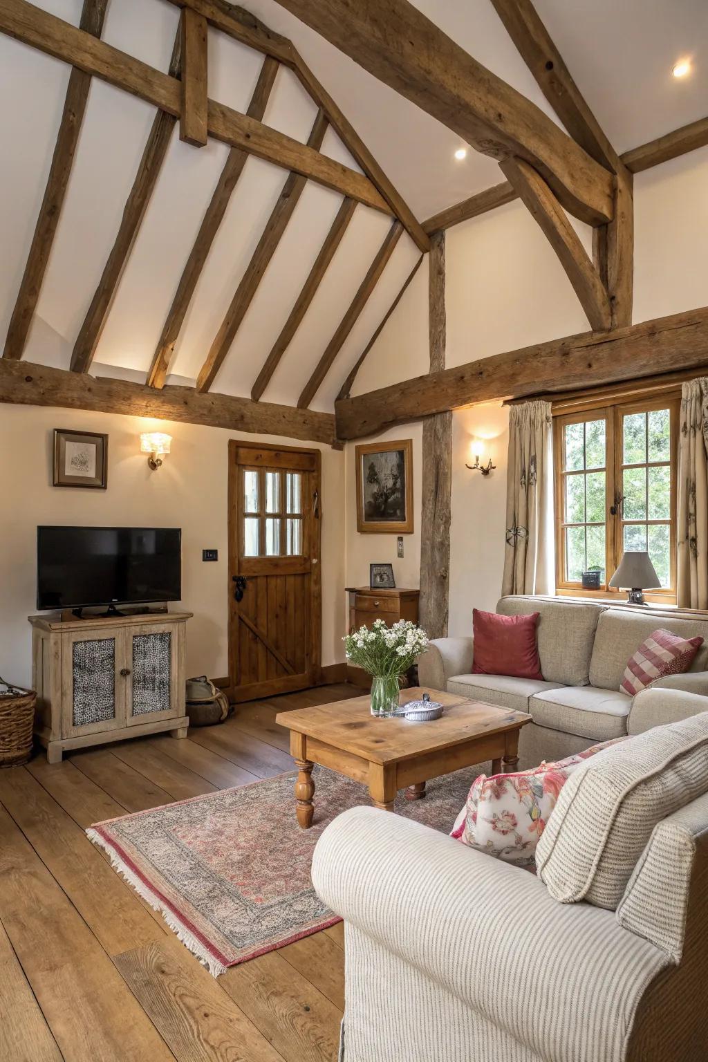 Exposed beams add rustic character to this inviting living room.
