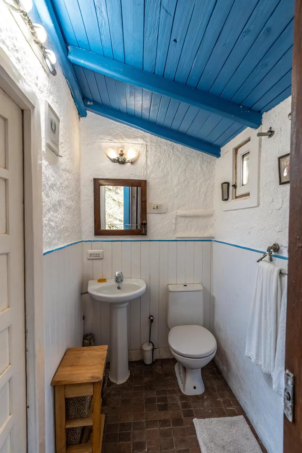 A blue upper section injects a surprising and expansive element into the bathroom design.
