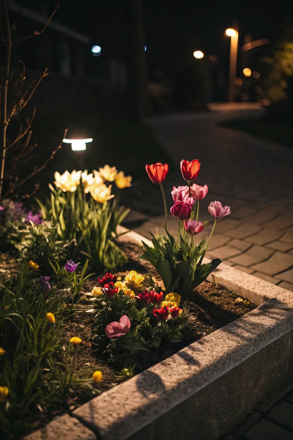 A magical compact flower garden softly illuminated by solar lamps.