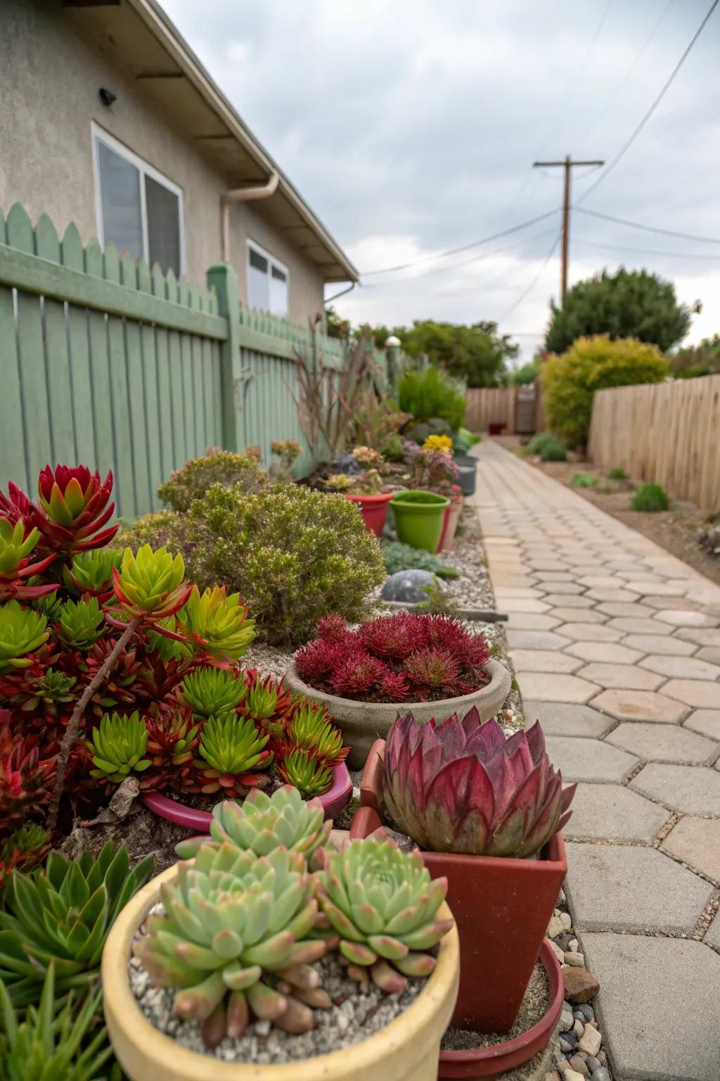 Colorful fleshy plant arrangements deliver a minimal irrigation display.