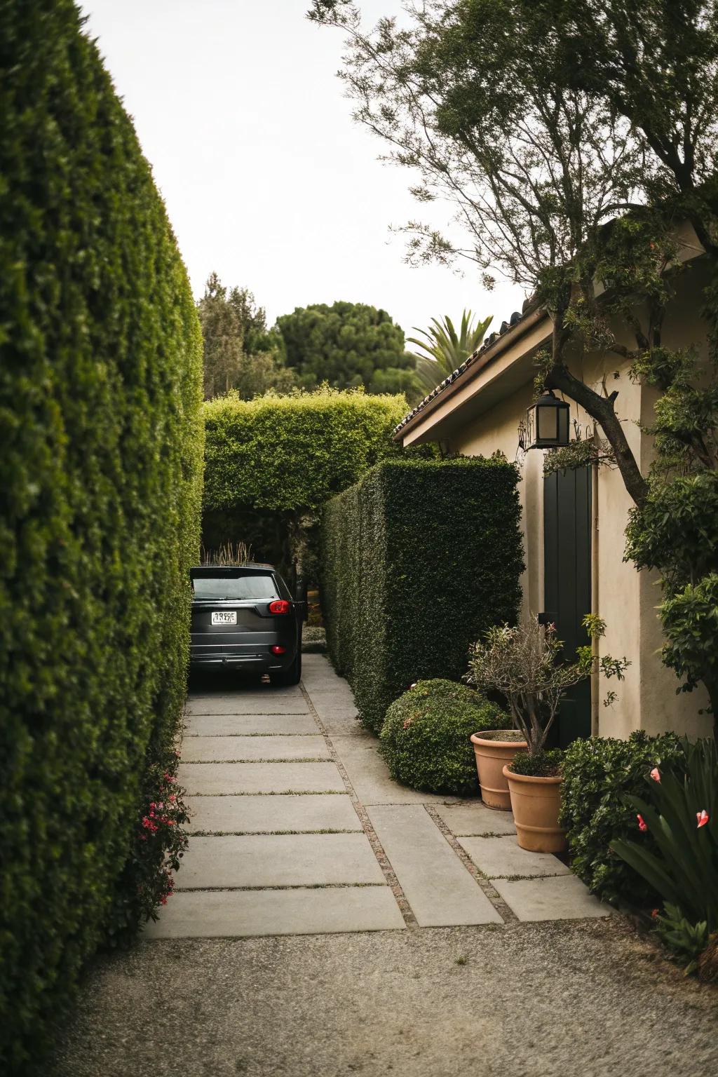 Hedges fashion a camouflaged oasis while according parking.