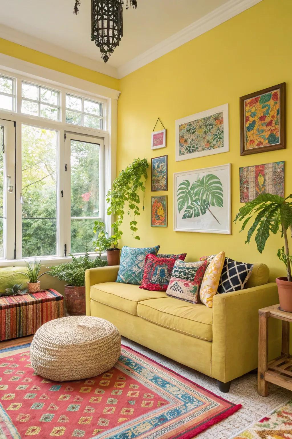 A compact living area showcasing lemon walls for a fresh burst.