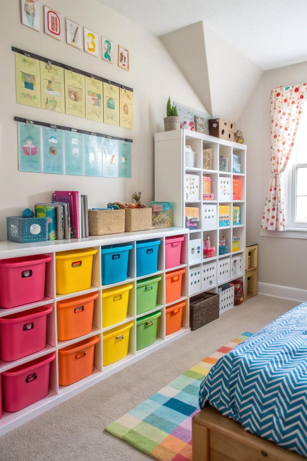 Toy storage solutions keep the room tidy and encourage organization.