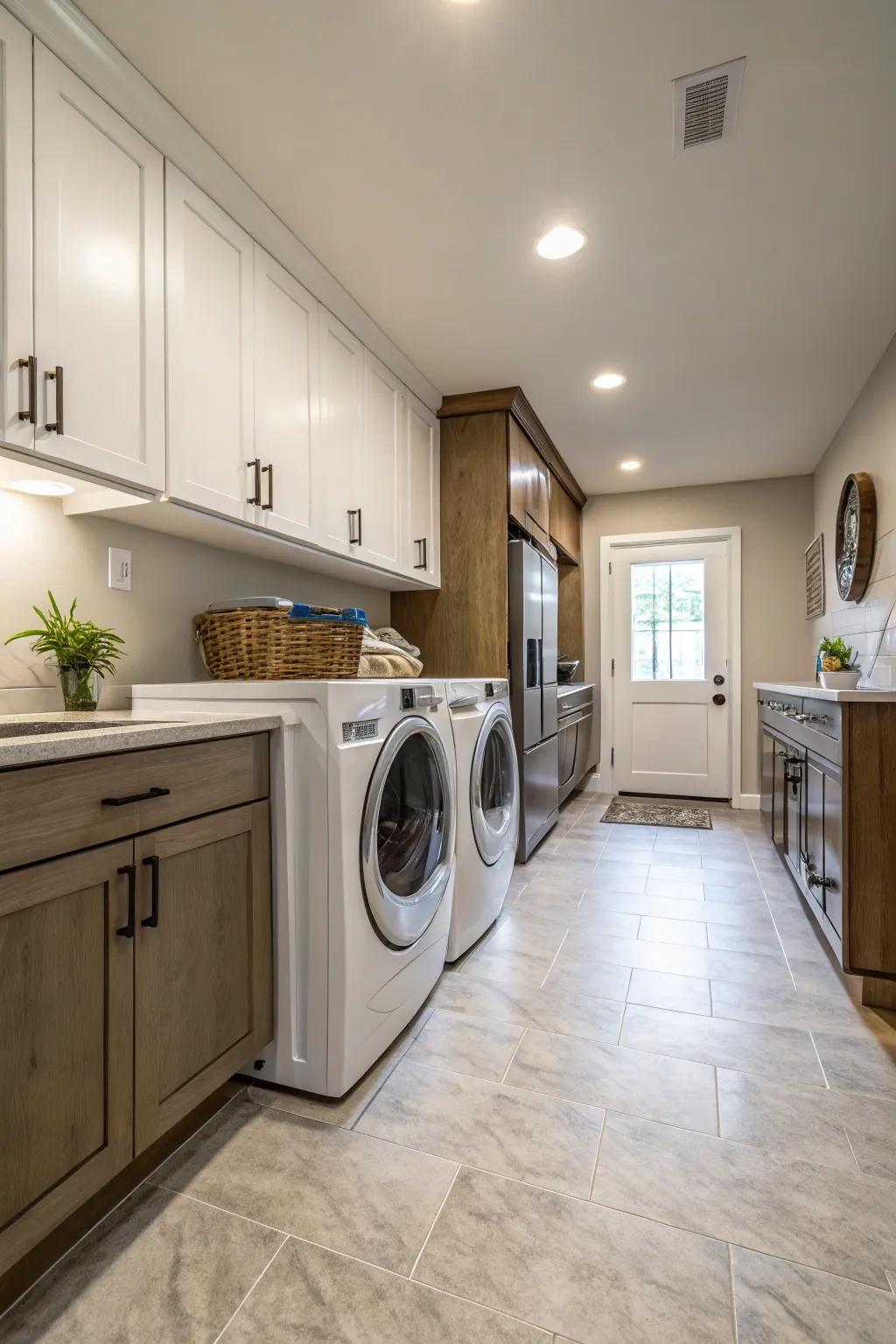 A kitchen and laundry area with a seamless flooring transition for a unified aesthetic.