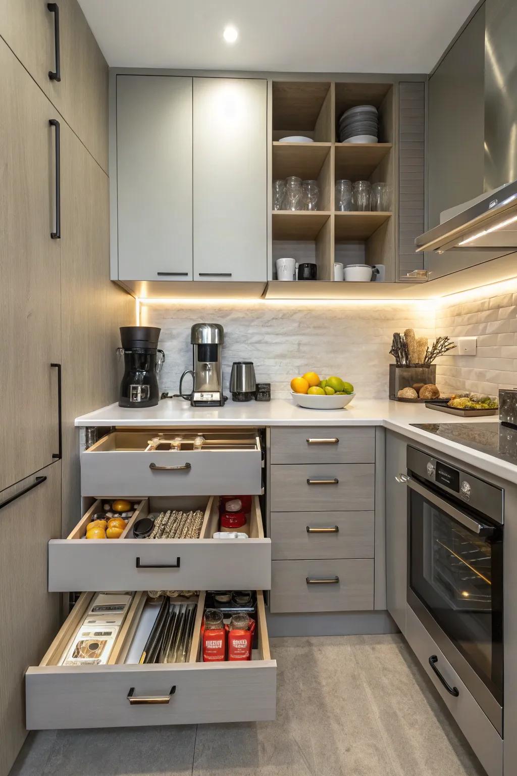 Enclosed stowage keeps your kitchen tidy and efficient.