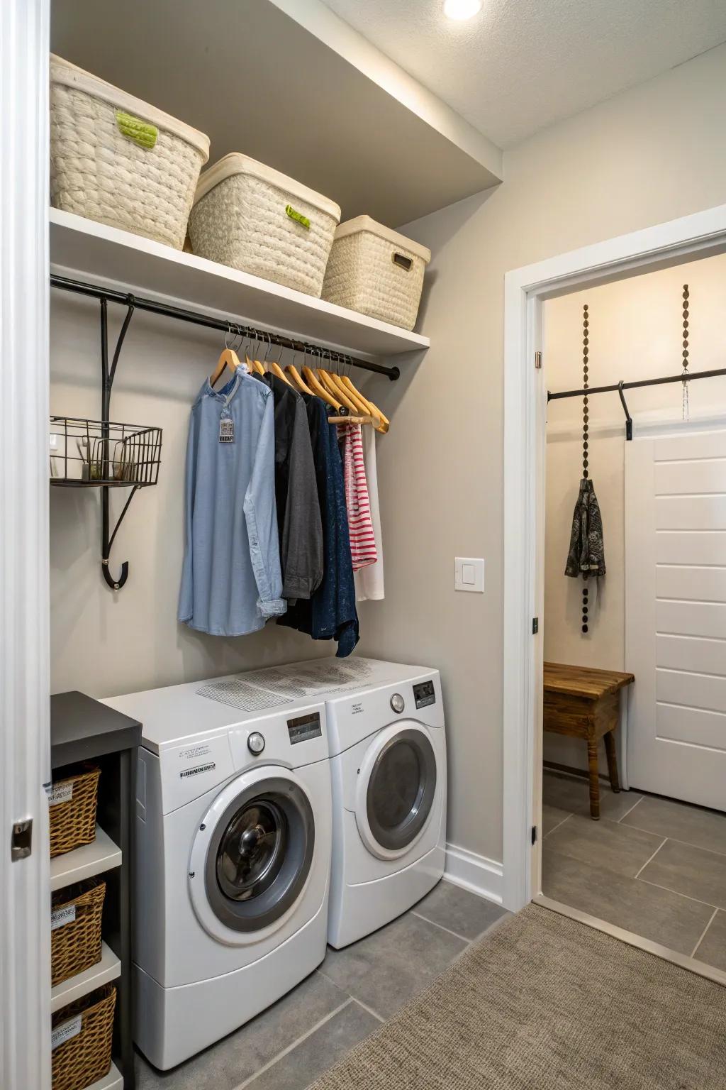 Hooks deliver modifiable storage avenues for maximized room usage.