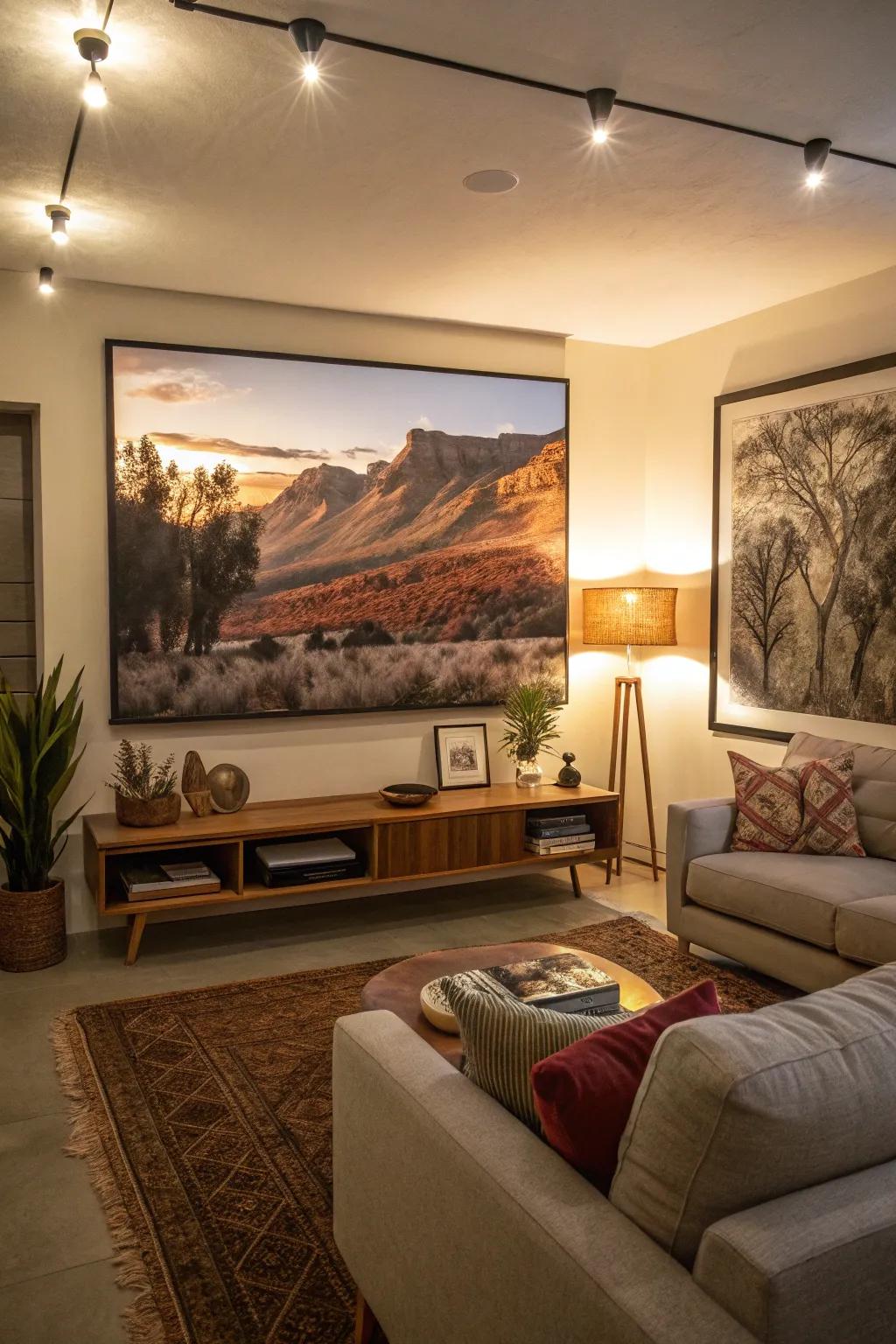 Large artwork can establish a visual anchor and draw out space.
