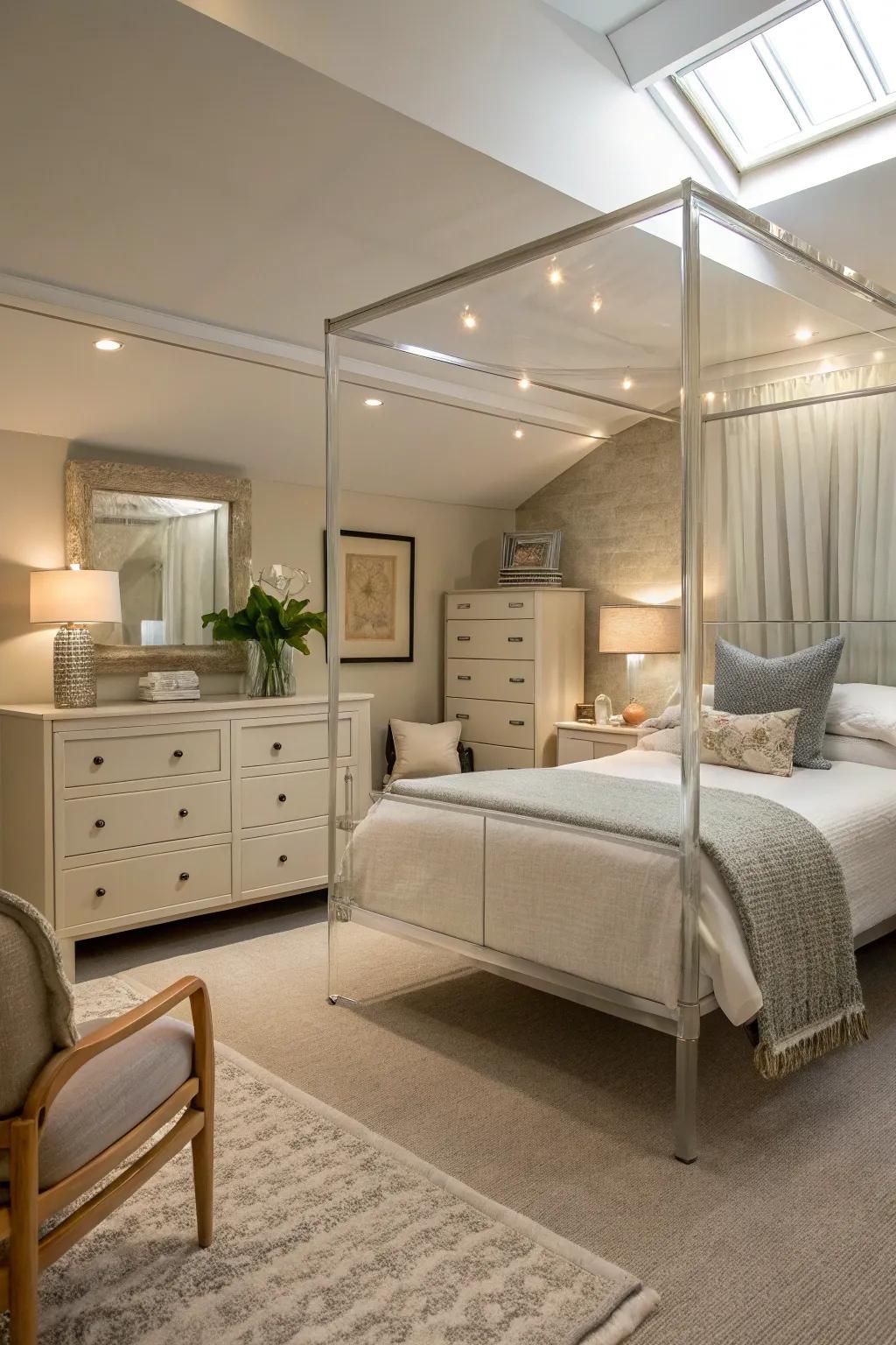 Transparent furniture maintains an airy feel in a compact master bedroom.