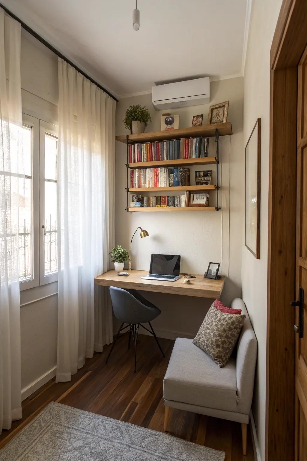 A wall desk delivers a workspace without taking up space.