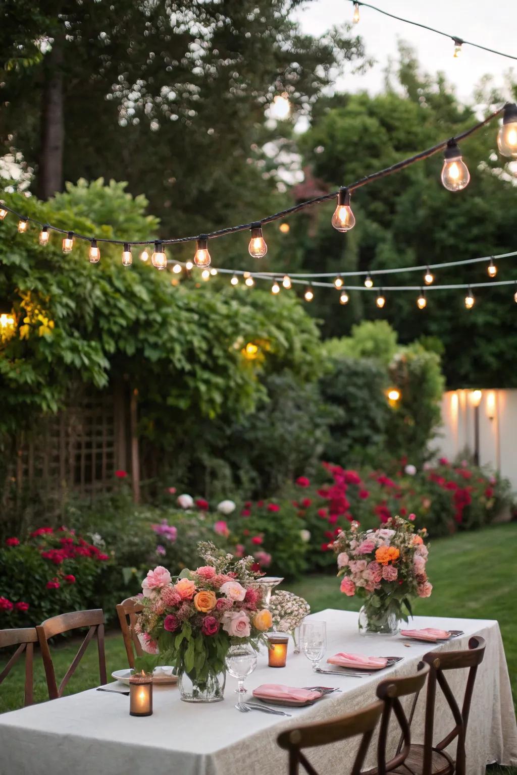 A garden celebration setup with illumination and floral decor.