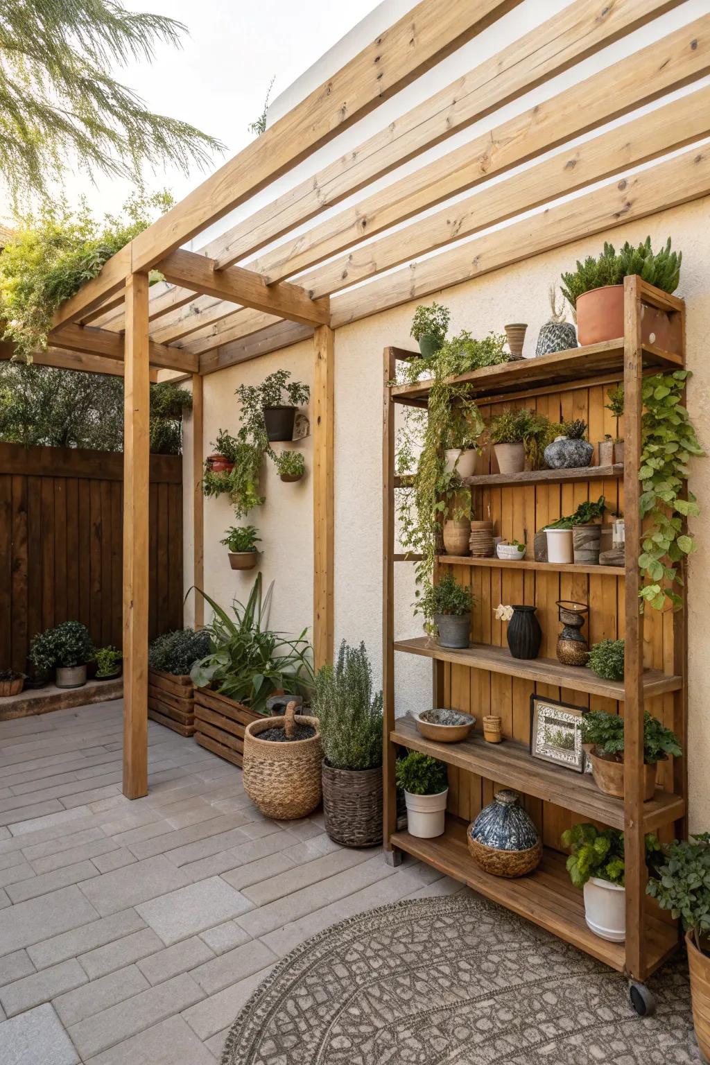 Built-in shelving provides storage and style beneath a small framework.