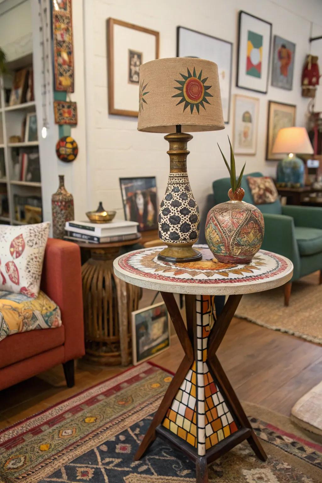 Unique finds create intrigue on a side table.