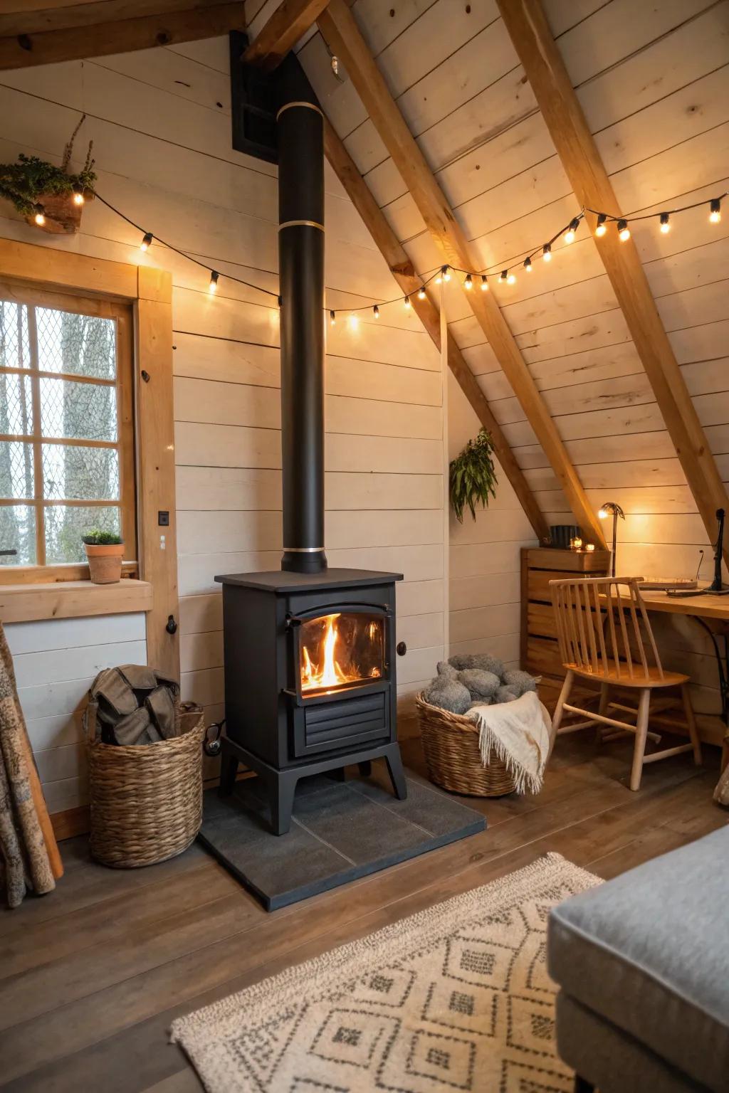 A compact hearth heater in a loft offers a snug and warm retreat.