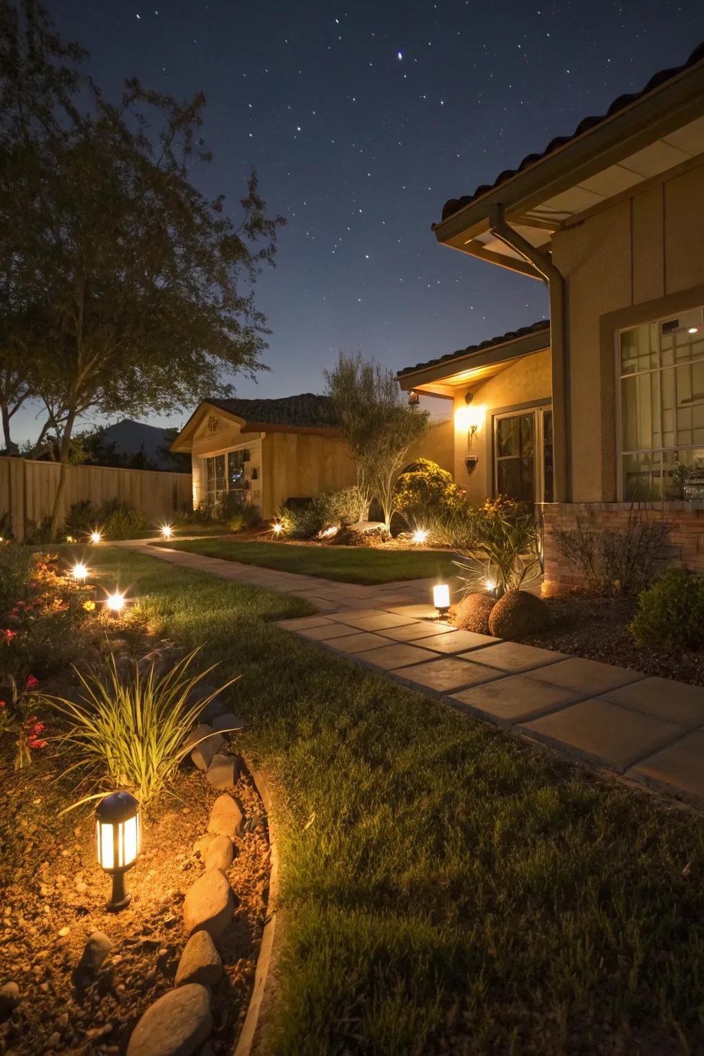 Solar lighting creating an enchanting ambiance in the garden.