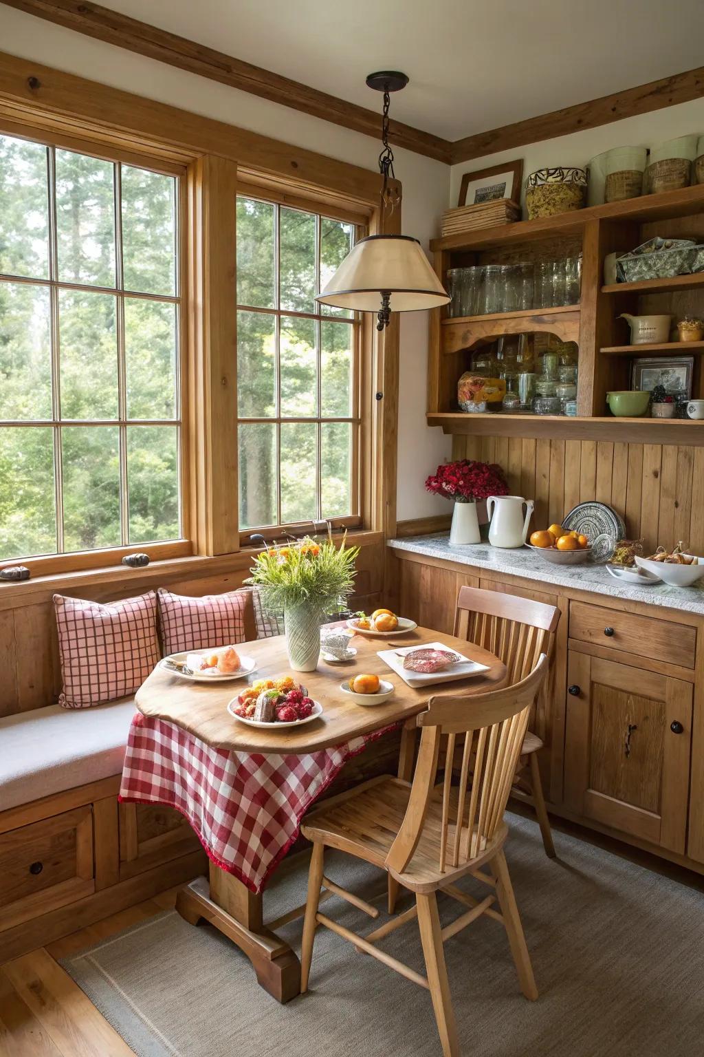 A comfortable morning meal nook provides a lovely place for intimate dishes.
