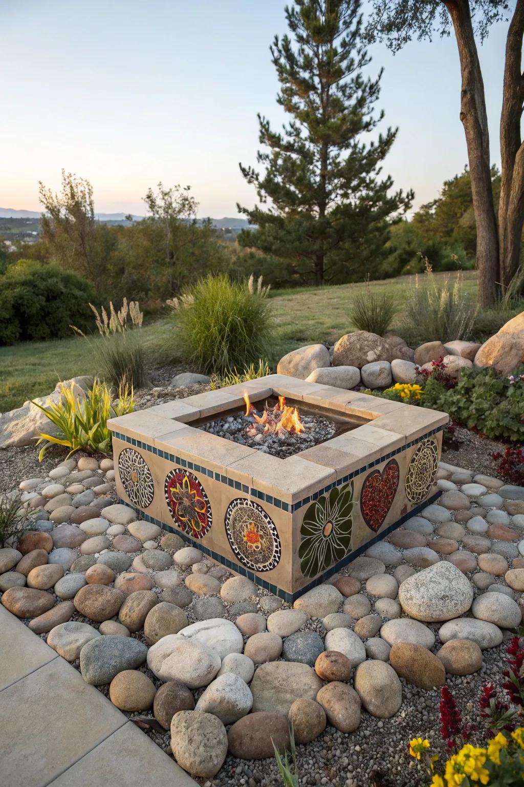Mosaic accents add artistic flair to fire pits.