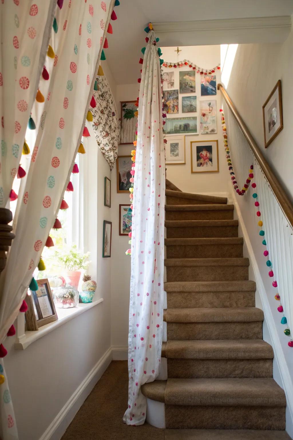 Soft sphere trimmed coverings introduce a playful and fun element to your stairwell.