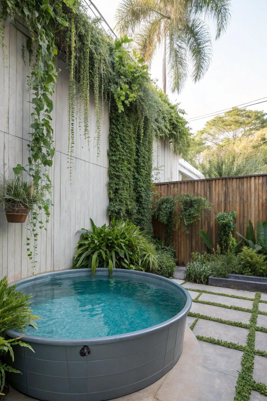 Growing walls usher verdant tones into the water trough pool landscape.