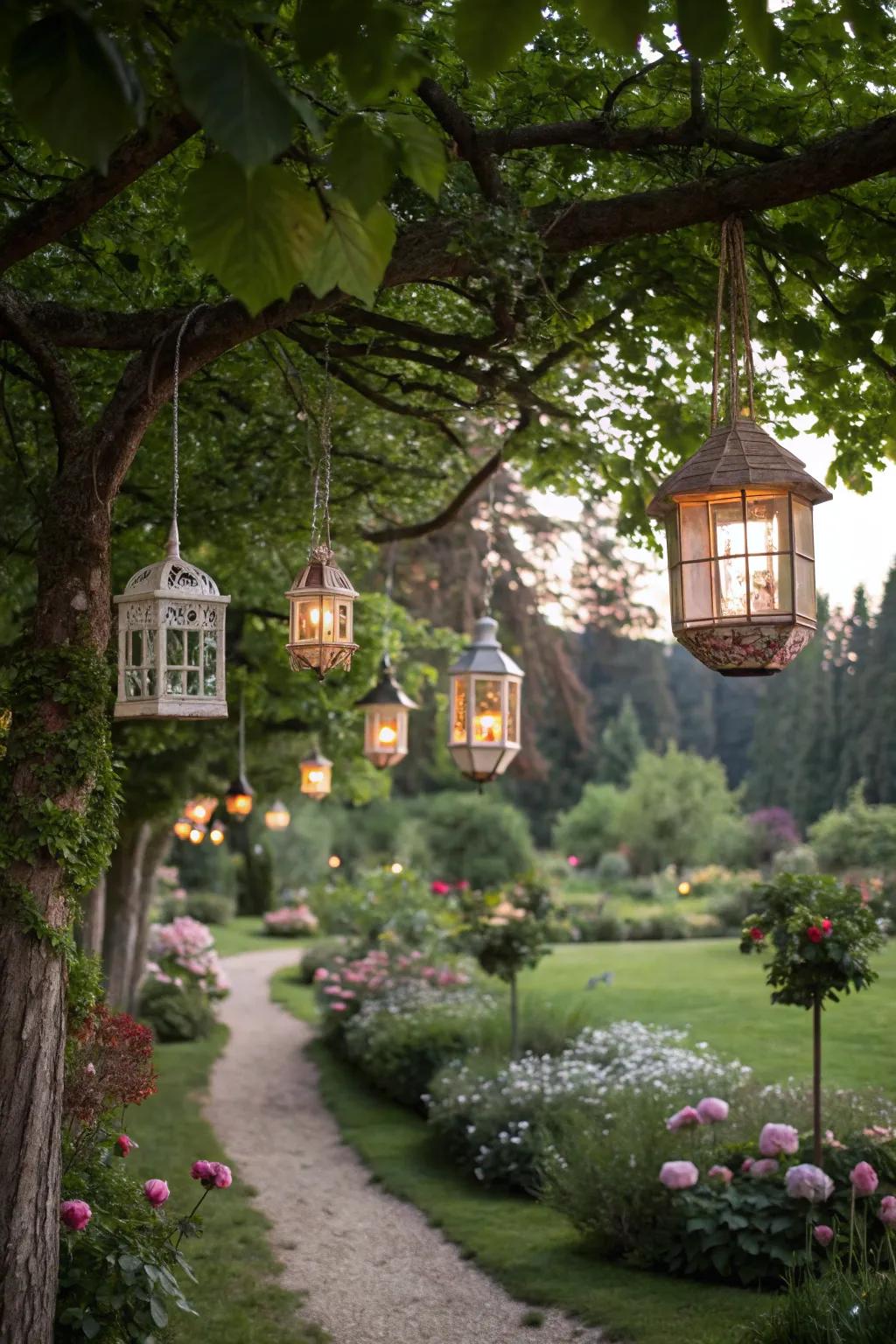 A garden decorated with whimsical hanging lamps.