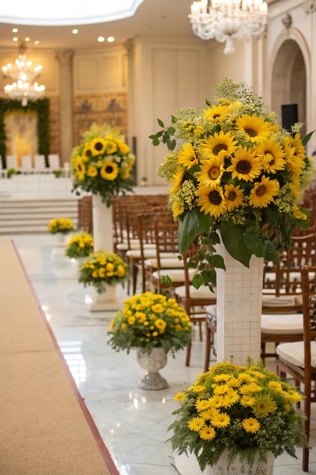 Sunshine bloom arrangements exquisitely enhancing the ceremony space.