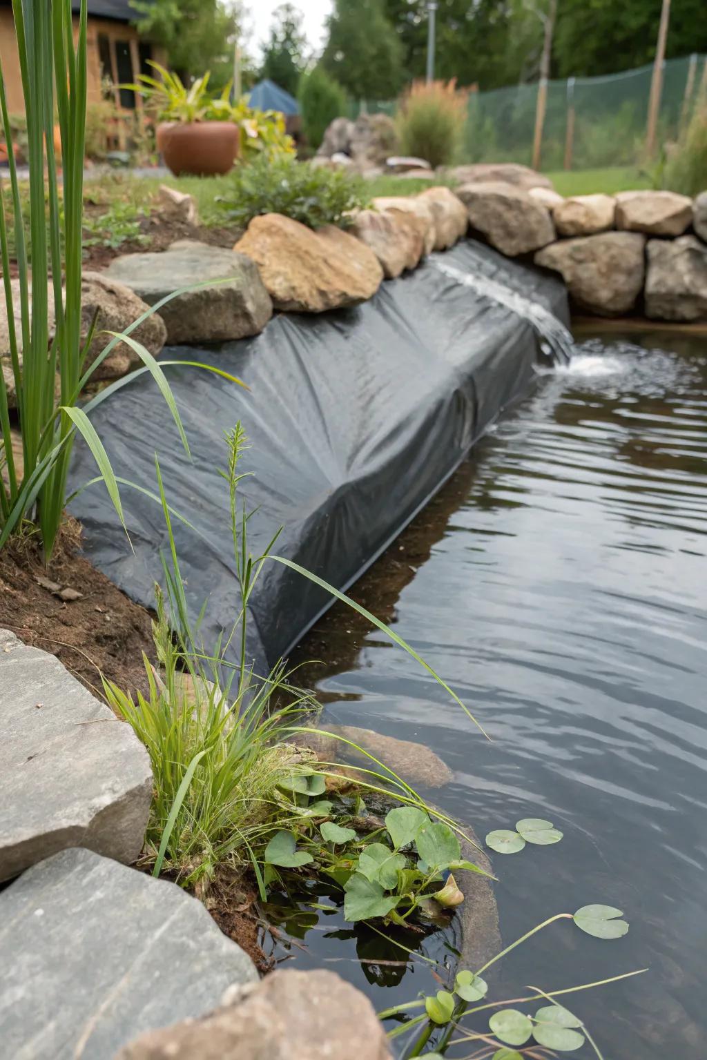 An eco-friendly liner supports sustainability in the pond design.