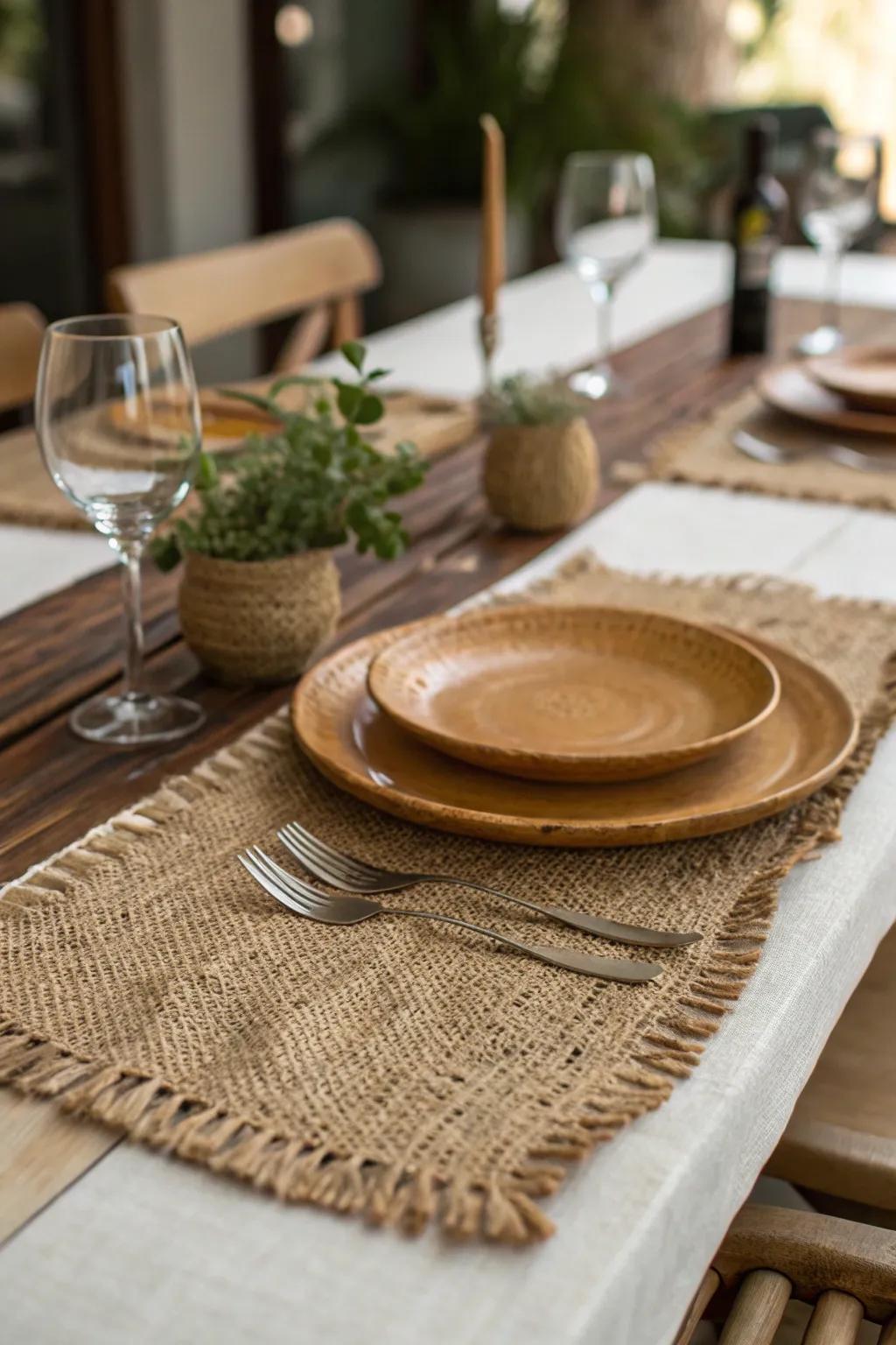Burlap accents provide an eco-conscious, earthy charm.