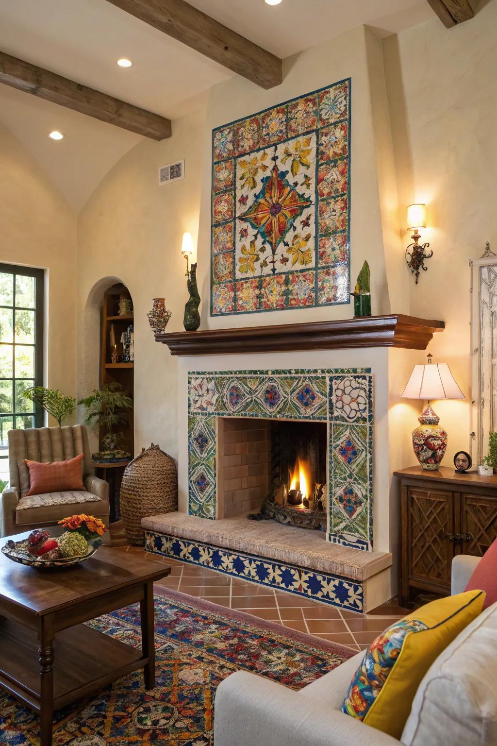 Add warmth to your living space with an Andalusian-tiled fireplace.