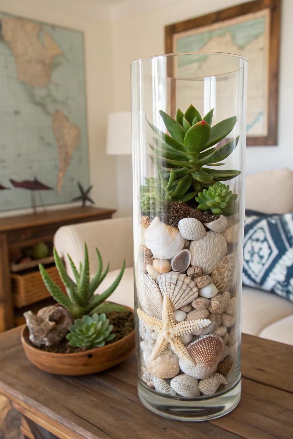 A tall glass vase overflowing with seashells and succulents, enriching a coastal-themed interior.