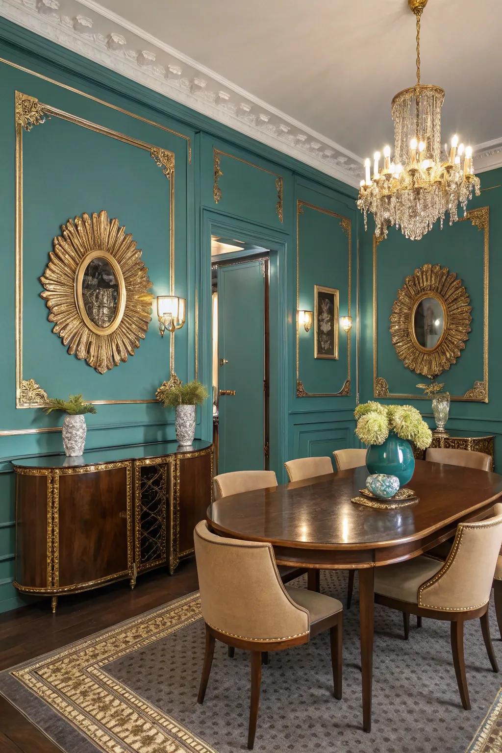 Gold accents elevate the elegance of teal