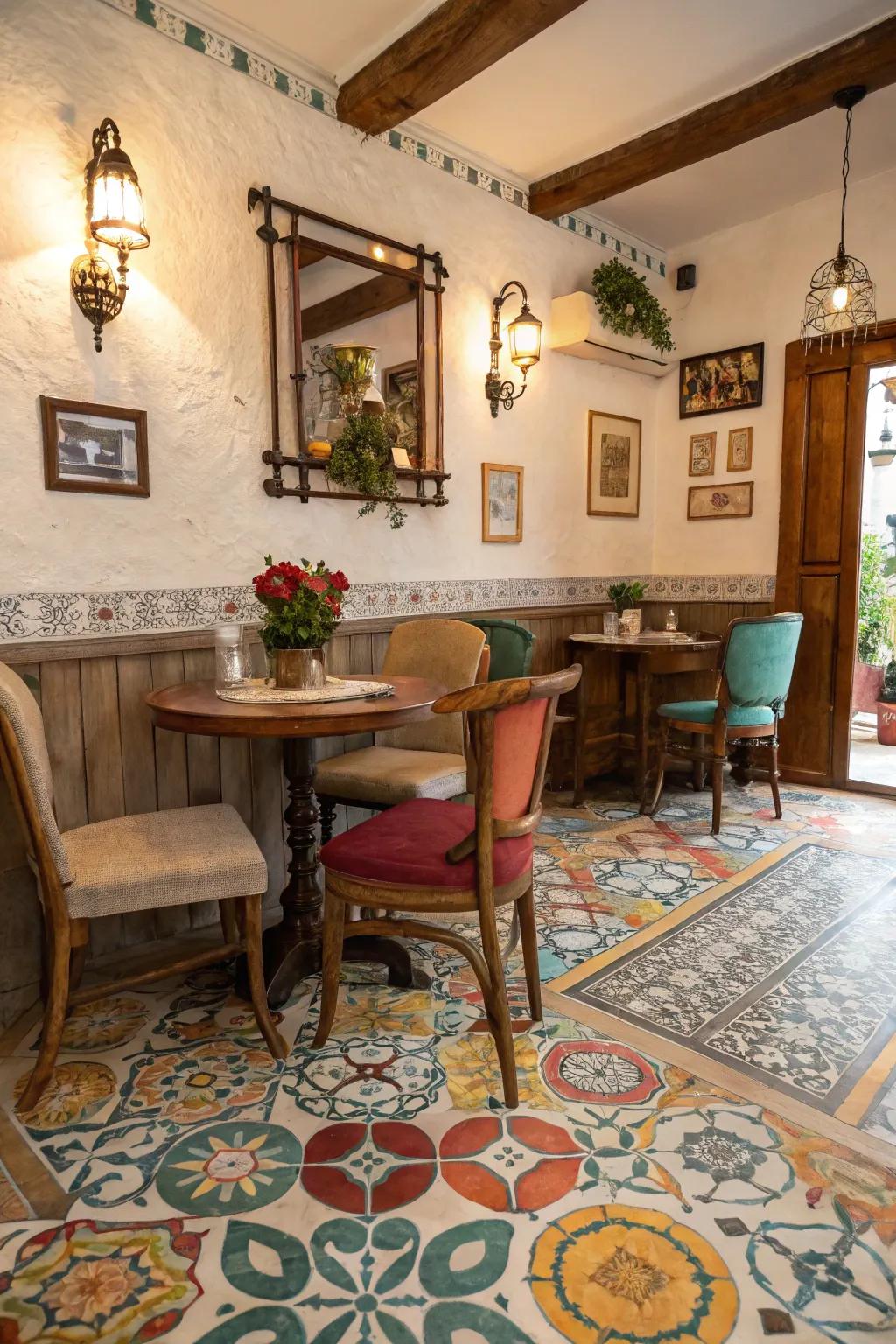 Encaustic panels bring vintage allure and color to this dining area.