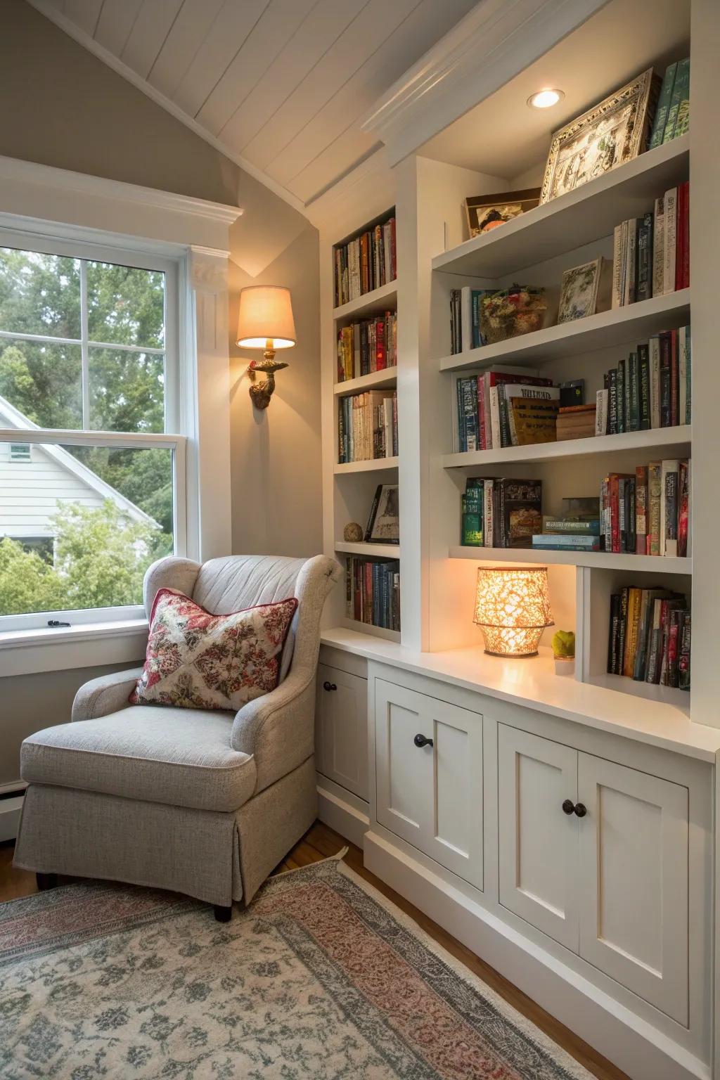 A cozy reading nook with built-in storage in a tiny house