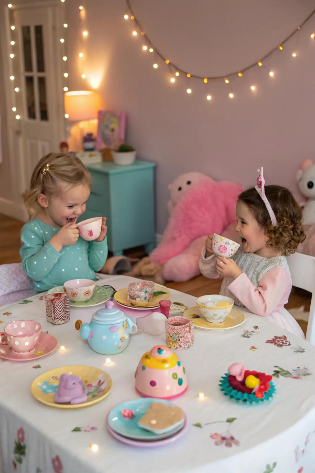 An enchanted tea assembly that captivates toddlers using imaginative frolic.