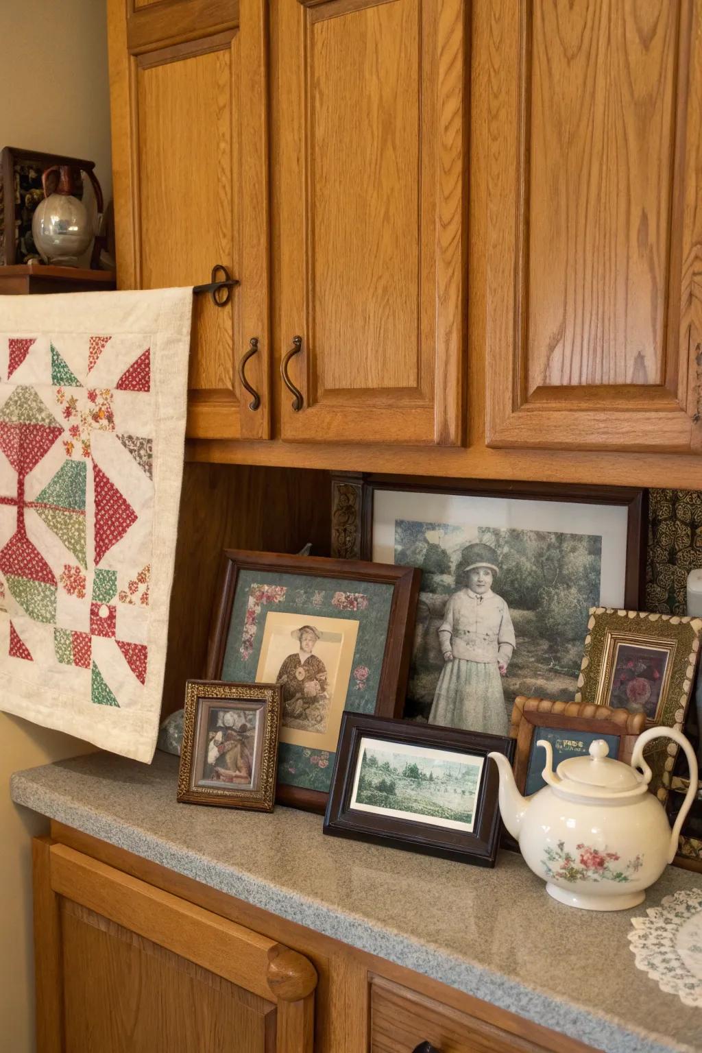 Infuse your kitchen with warmth using family heirlooms above your cabinets.