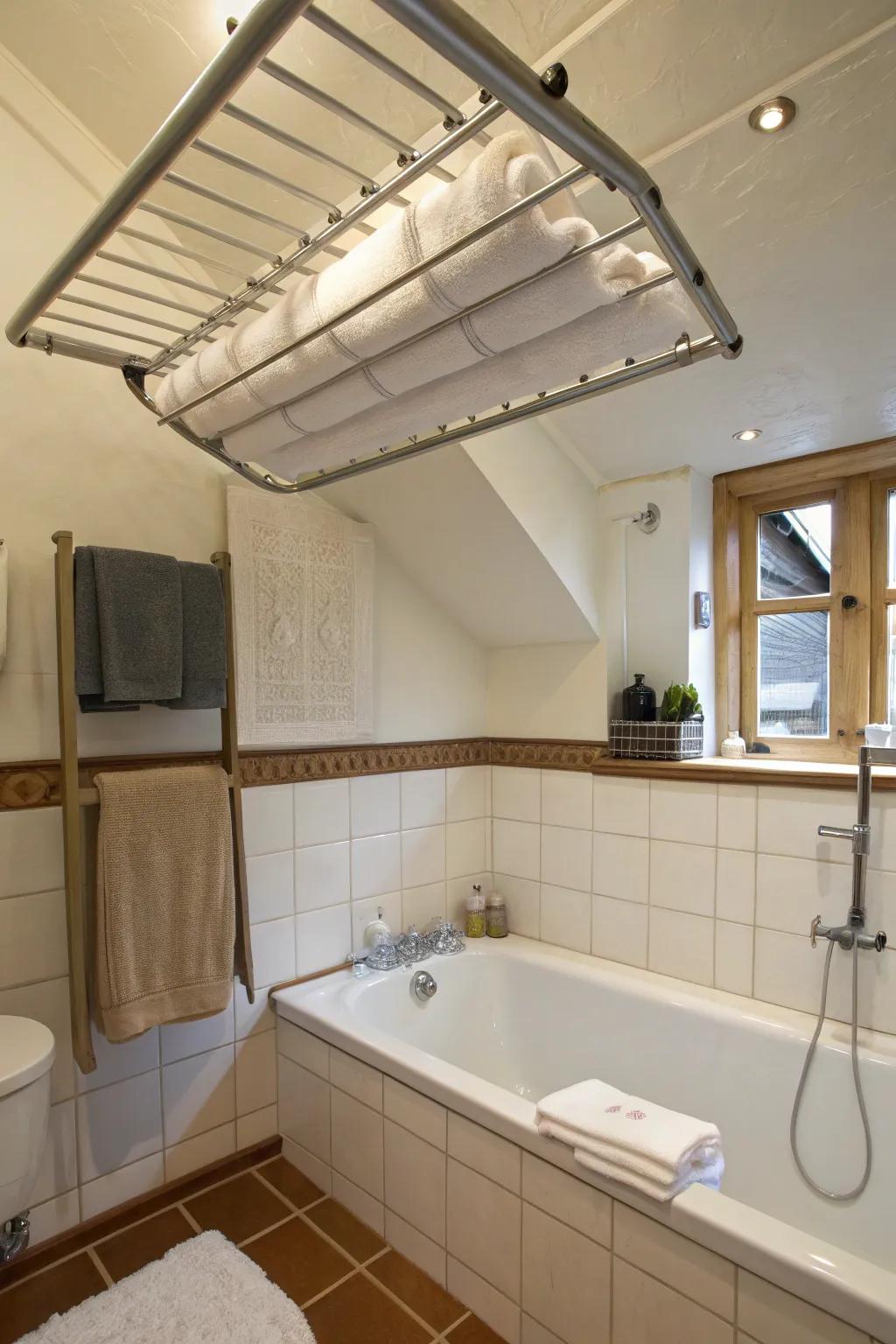 Ceiling-affixed drying racks release floor area.