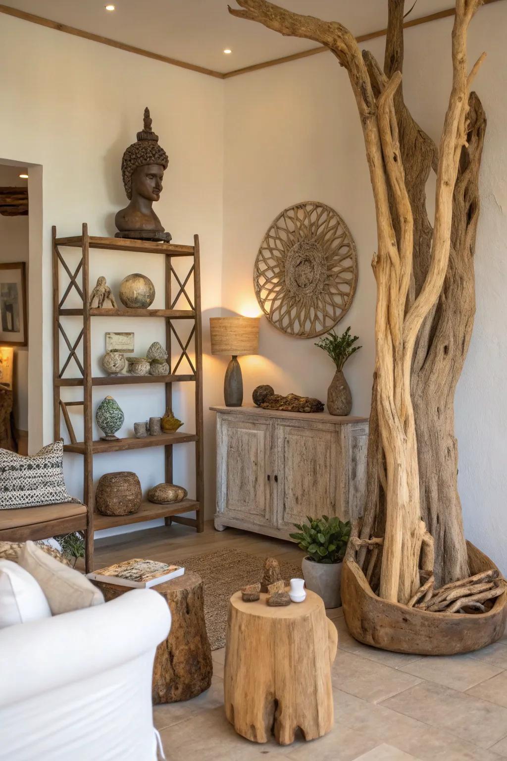 Driftwood decorations add a rustic, natural element to the design.