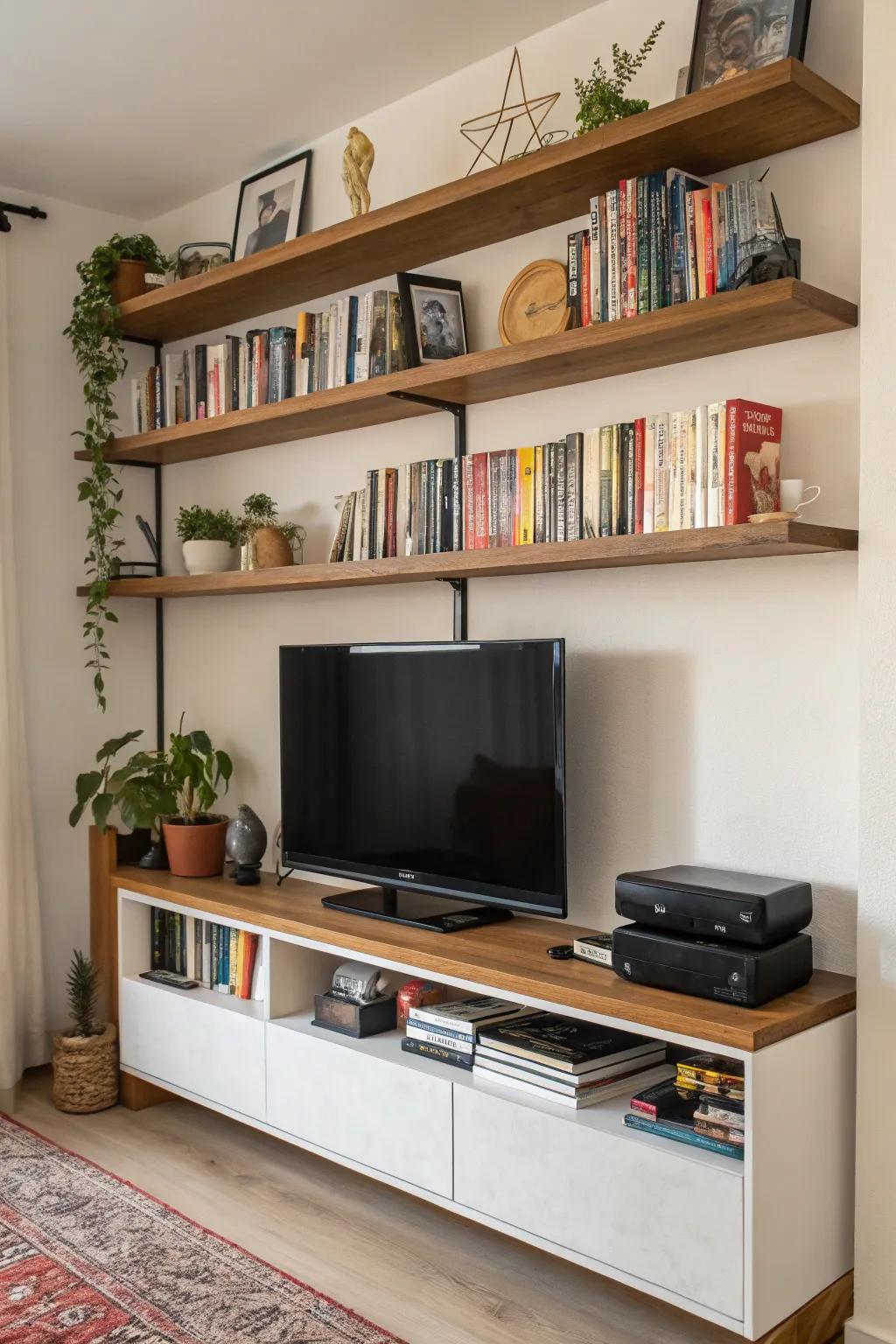 Racks brimming with distinctive items enrich this TV wall with personality.