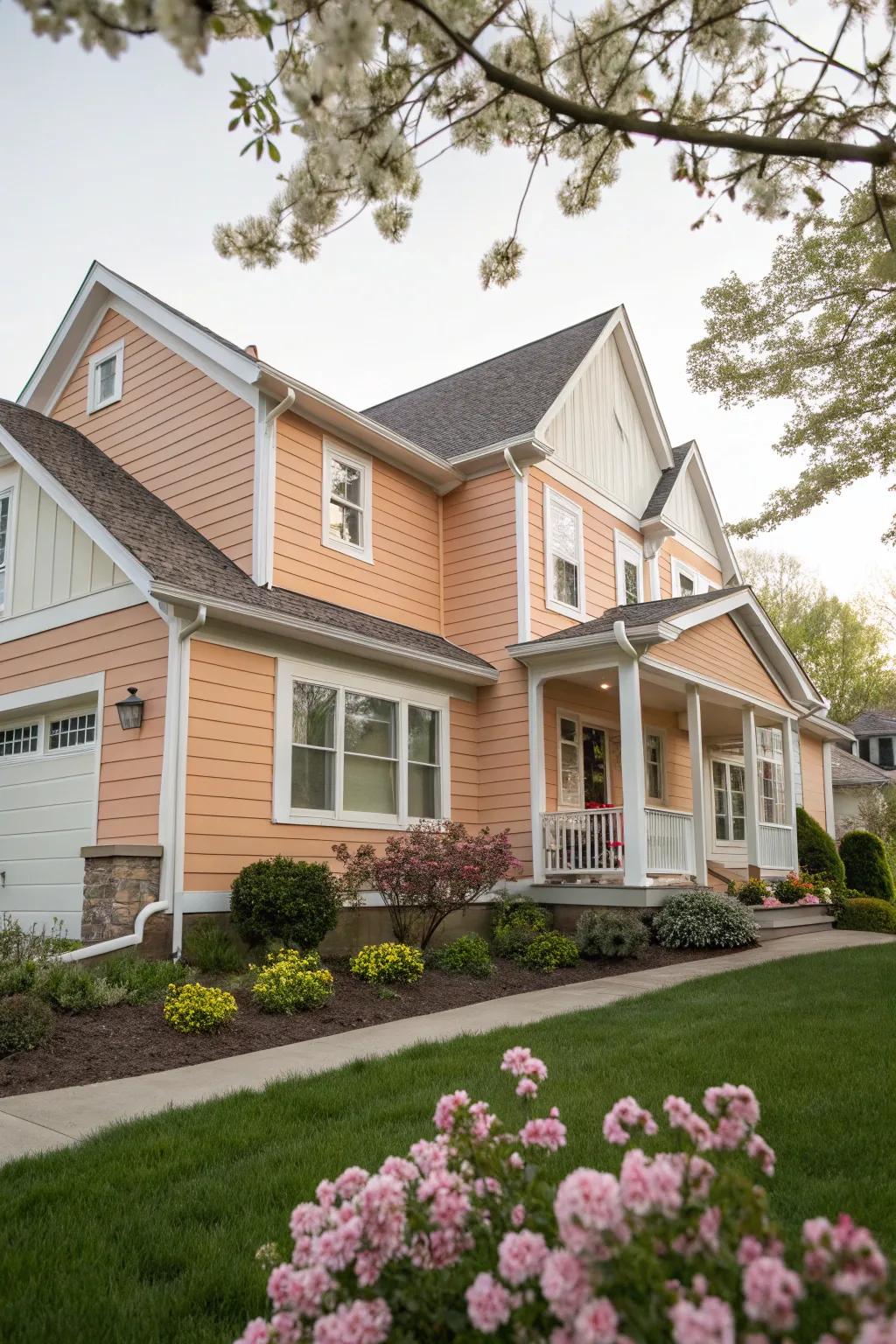 The soft, welcoming facade of peach and white.