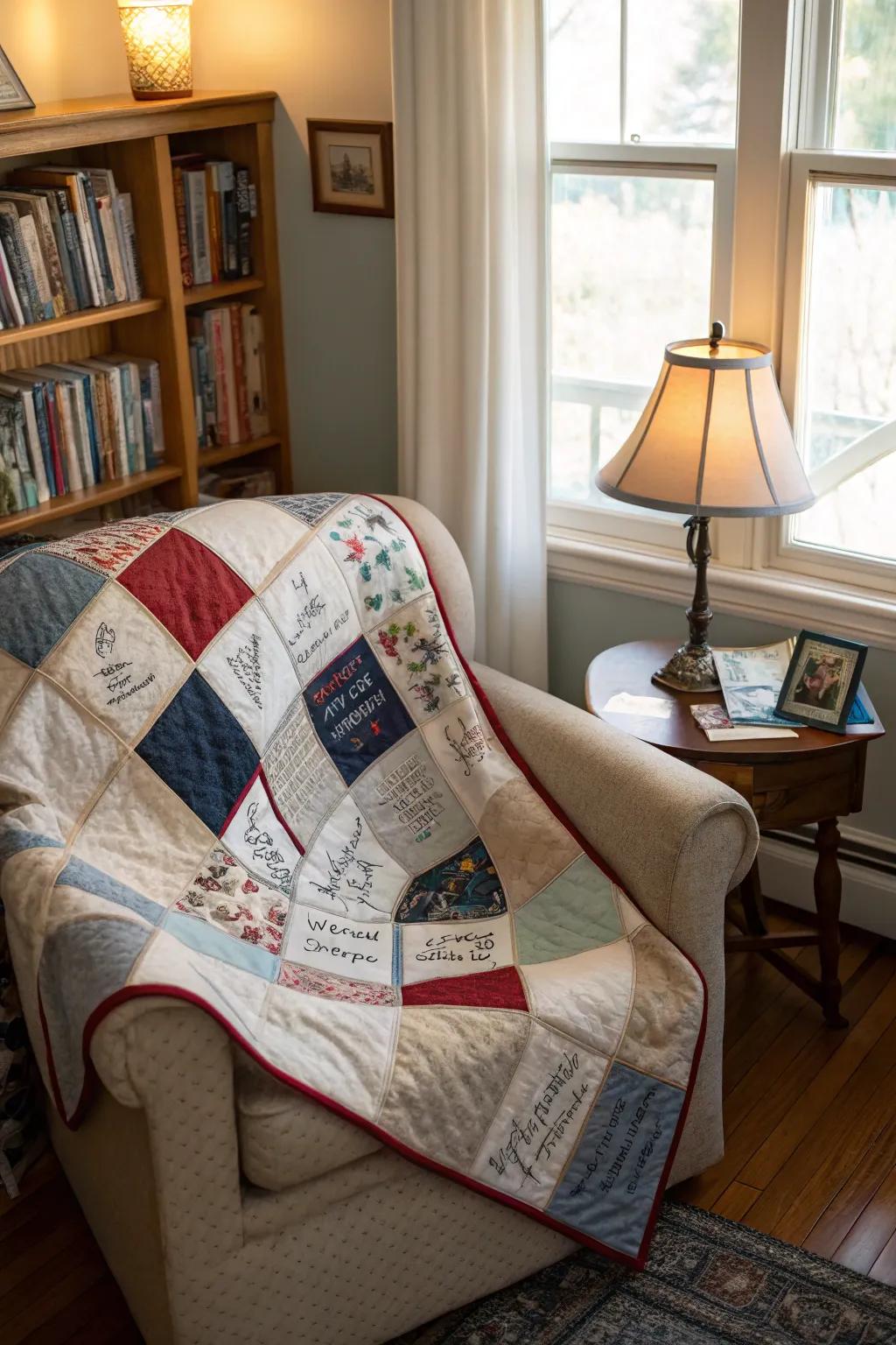 Guests sign fabric fabrics to create a cherished patchwork.