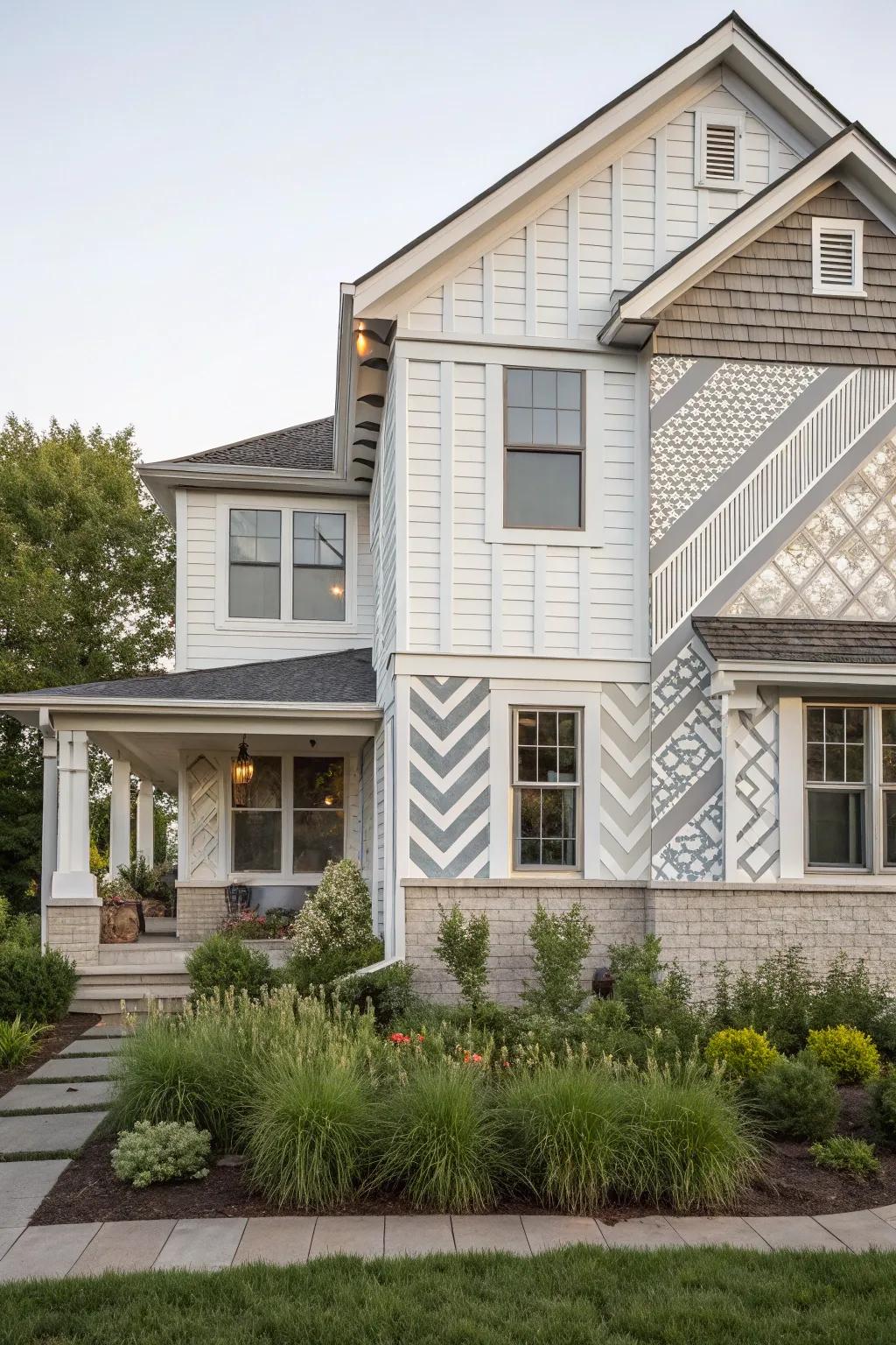 A home with mixed siding layouts creating a playful aesthetic.