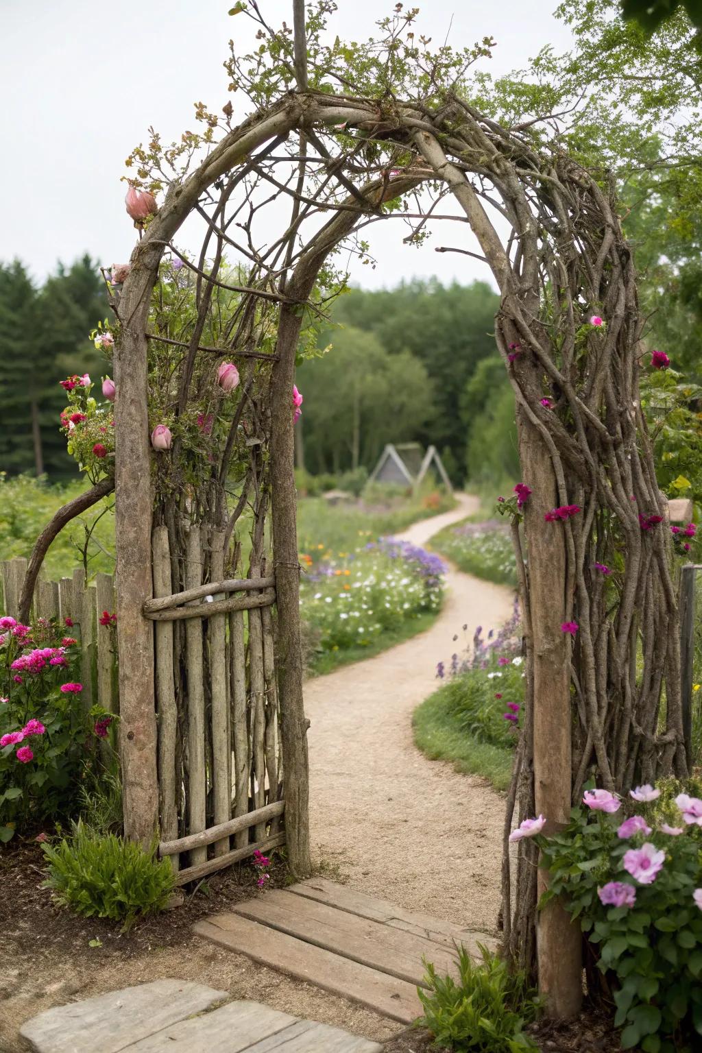 An enchanting branch entryway for a fairy-tale garden.