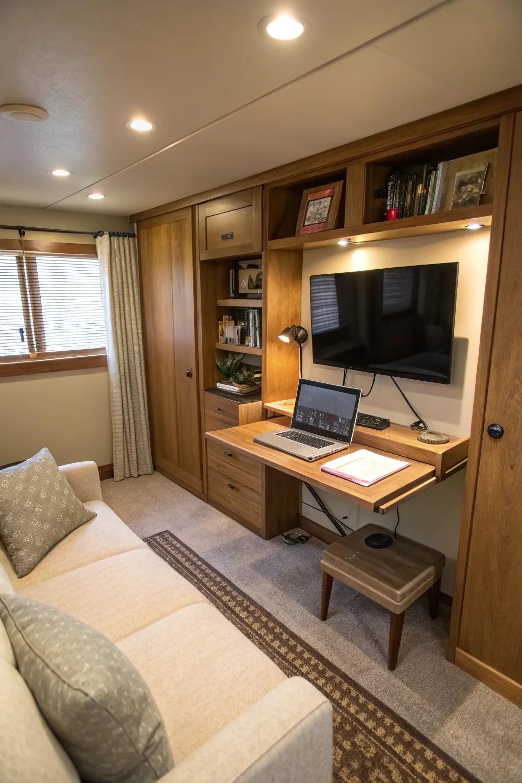 A desk that folds away offers functionality without wasting area