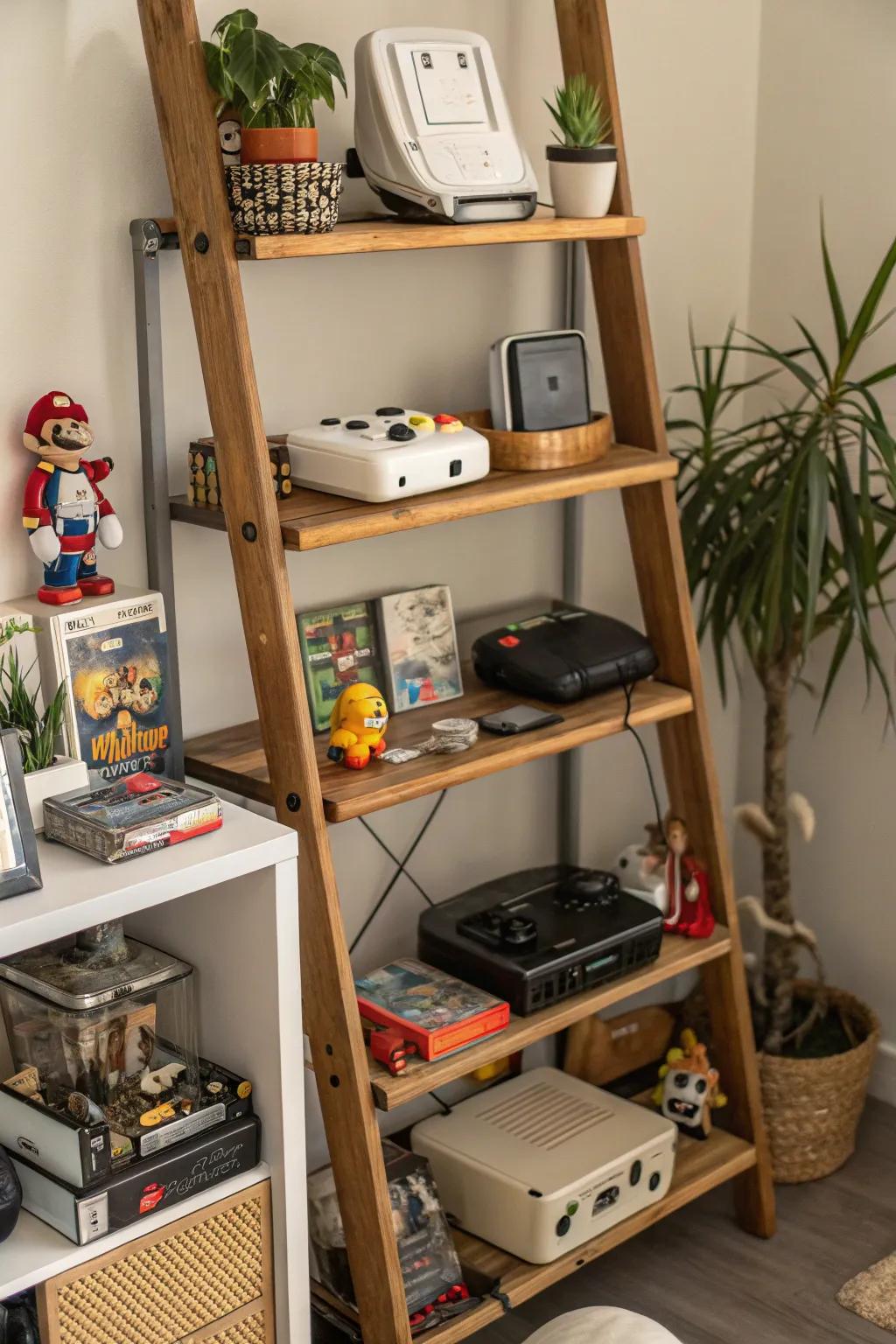 A ladder tier offering a stylish display for video games and collectibles.